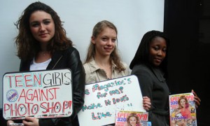 Emma Stydahar,  Julia Bluhm, and Natasha Williams, protest outside Seventeen in New York.