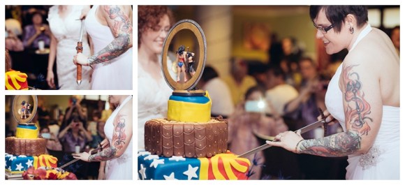 Kim and heather cut the cake