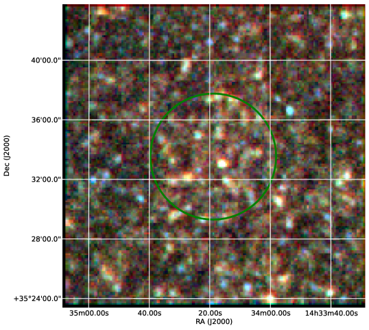 Three (false) color Herschel images of the clumps identified by Planck. Blue, green and red represent infrared light at successively longer wavelengths, of 250μm, 350μm and 500μm respectively. The green circle indicates the size of the Planck beam at the position of the source, which Herschel was able to resolve in far greater detail. Credit: D. Clements / ESA / NASA.