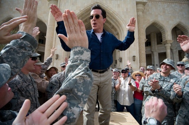 Stephen Colbert arrives at Al Faw Palace at Camp Victory, in Baghdad Iraq on June 5th 2009 and greets soldiers and civilians.