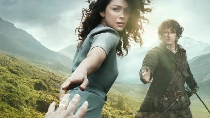 Outlander season 1 promo image of Claire reaching out her hand. (Image: Starz.)