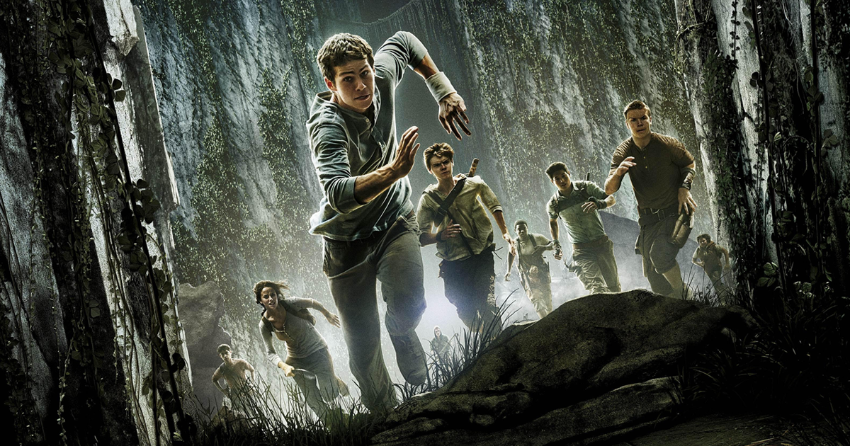 Maze Runner poster art, featuring Dylan O'Brien, Thomas Brodie-Sangster, Will Poulter and more running in a maze.