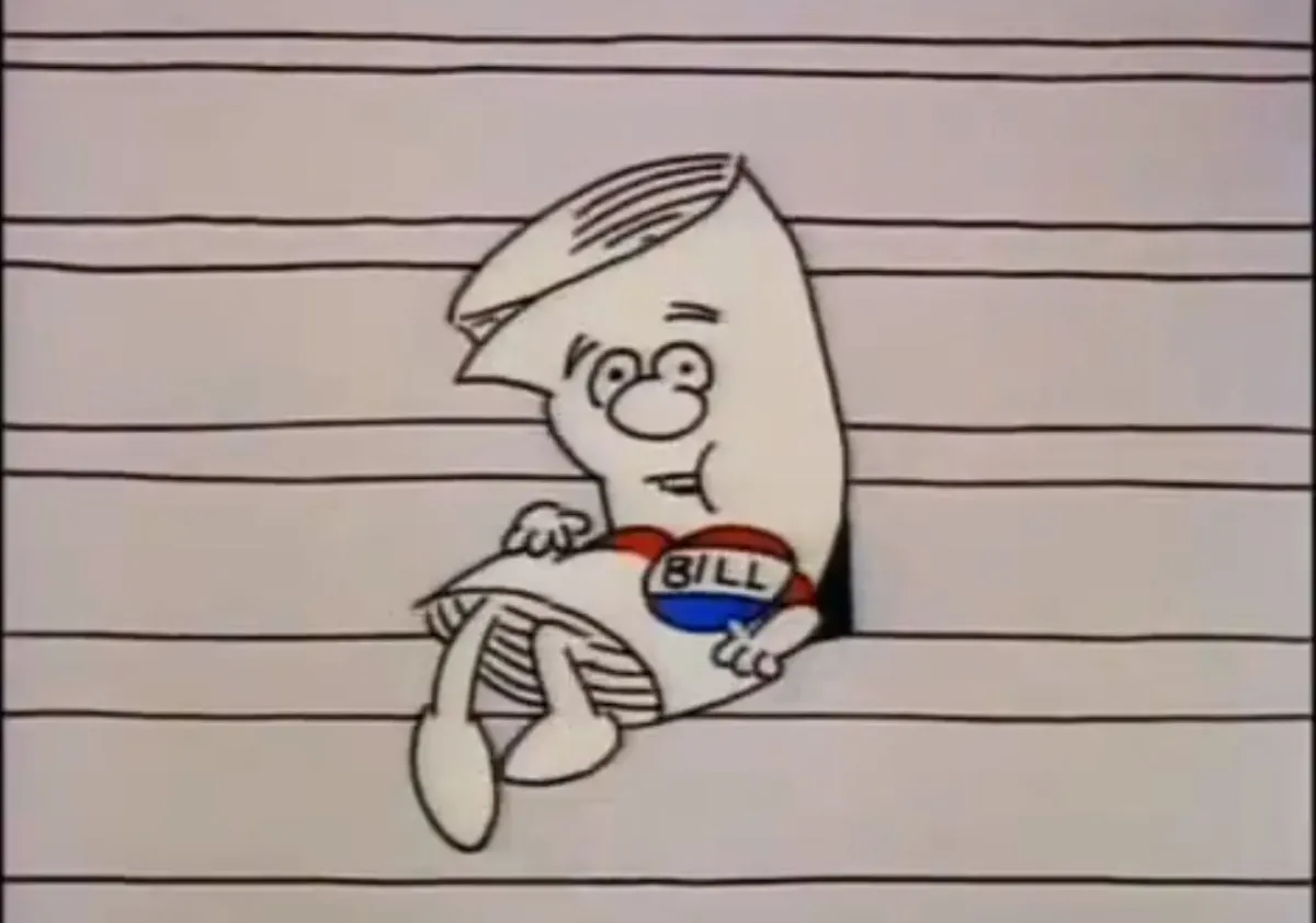 A drawing of an anthropomorphized bill sitting on the Capitol steps.