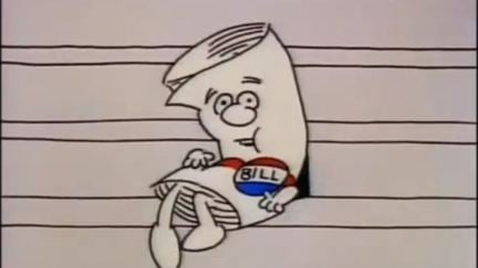 A drawing of an anthropomorphized bill sitting on the Capitol steps.