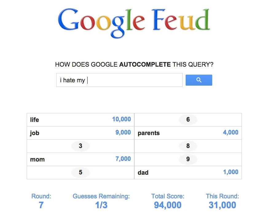 Google Feud Browser Game: Autocomplete Says