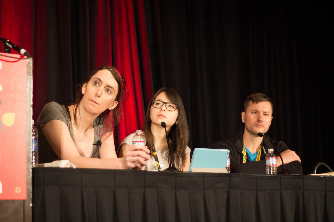 Brianna Wu, Mariel Cartwright, and Jonathan Cooper at an animation bootcamp on how women are not too hard to animate.