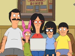 The Belcher family (animated) sits on their sofa looking at a laptop with concerned/neutral expressions