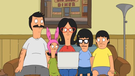The Belcher family (animated) sits on their sofa looking at a laptop with concerned/neutral expressions
