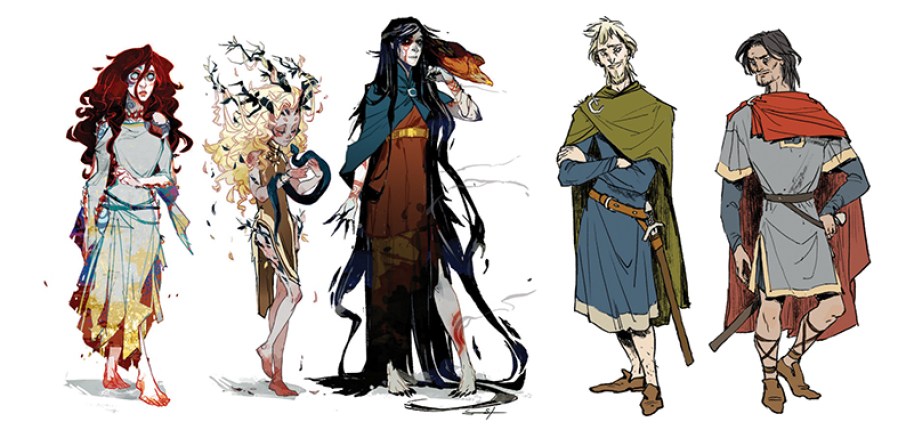 l-r:  Smertae, Cait, Riata, Banquo, and Macbeth. Character designs by Sarah Stone and Kyla Vanderklugt