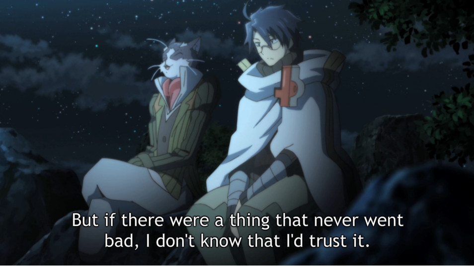 In Log Horizon episode 6, Nyanta (left) explains to Shiroe (right) that no life is perfect. He goes on to say "Any kind of life can go wrong, or sicken, or suffer." [NHKEnterprise, retrieved from Crunchyroll]