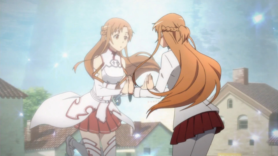 In the SAO Aincrad arc opening sequence, Asuna's "real life self" is mirrored in SAO. [Aniplex; retrieved from Crunchyroll]