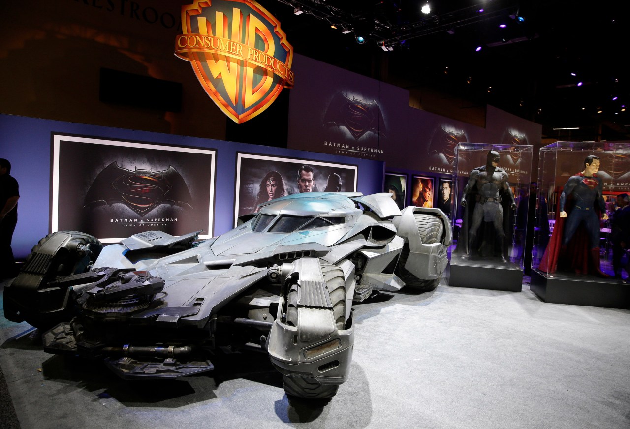 Warner Bros. Consumer Products exclusively unveils the Batmobile and select costumes from the highly anticipated film, “Batman v Superman: Dawn of Justice” at Licensing Expo 2015 on Tuesday, June 9, 2015 in Las Vegas. (Photo by Isaac Brekken/Invision for Warner Bros./AP Images)