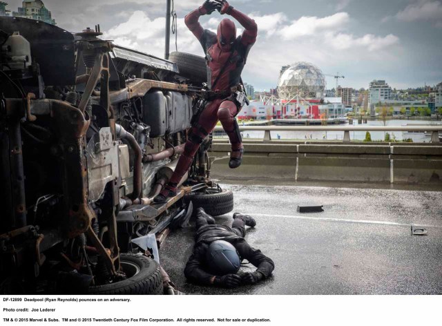 DEADPOOL Deadpool (Ryan Reynolds) pounces on an adversary. Photo Credit: Joe Lederer TM & © 2015 Marvel & Subs.  TM and © 2015 Twentieth Century Fox Film Corporation.  All rights reserved.  Not for sale or duplication.