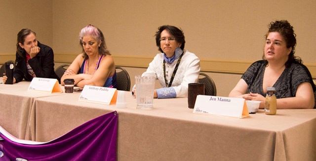 Left to Right: Lee Blauersouth, Kris George, Anthony Padilla and Jen Manna make up three-fourths of the “Beyond the Code of Conduct” panel on inclusivity at CONvergence 2015 in Minneapolis. Not pictured: Jackie Moore.