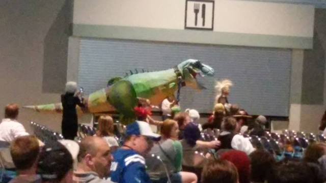 That one time someone cosplayed a T-Rex and walked across the stage. Yep. That happened!