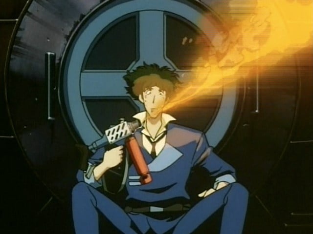 Spike Spiegel lights cigarette with flamethrower.