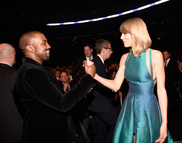 LOS ANGELES, CA - FEBRUARY 08:  Kanye West and Taylor Swift attend The 57th Annual GRAMMY Awards at STAPLES Center on February 8, 2015 in Los Angeles, California.  (Photo by Kevin Mazur/WireImage)