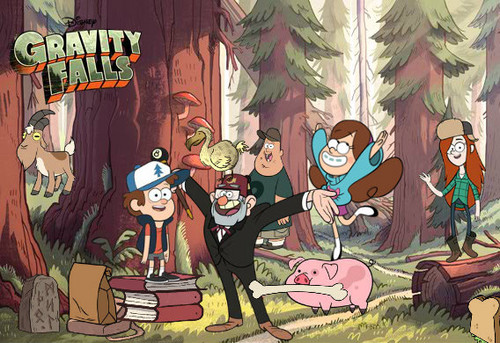The cast of Gravity Falls poses in the woods.