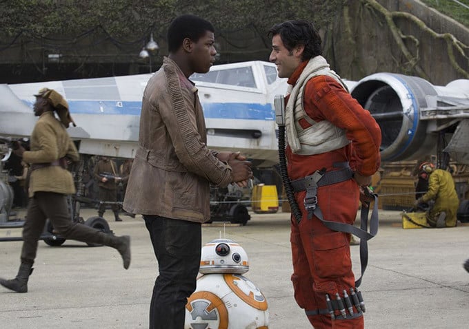 Finn (John Boyega) and Poe Dameron (Oscar Isaac) in Star Wars: The Force Awakens