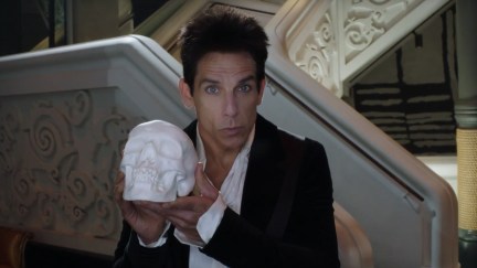 Zoolander (Ben Stiller) holds a white plaster skull.