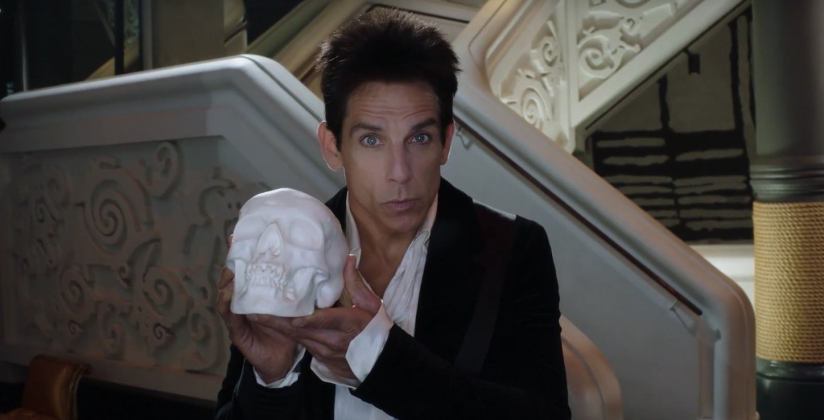 Zoolander (Ben Stiller) holds a white plaster skull.
