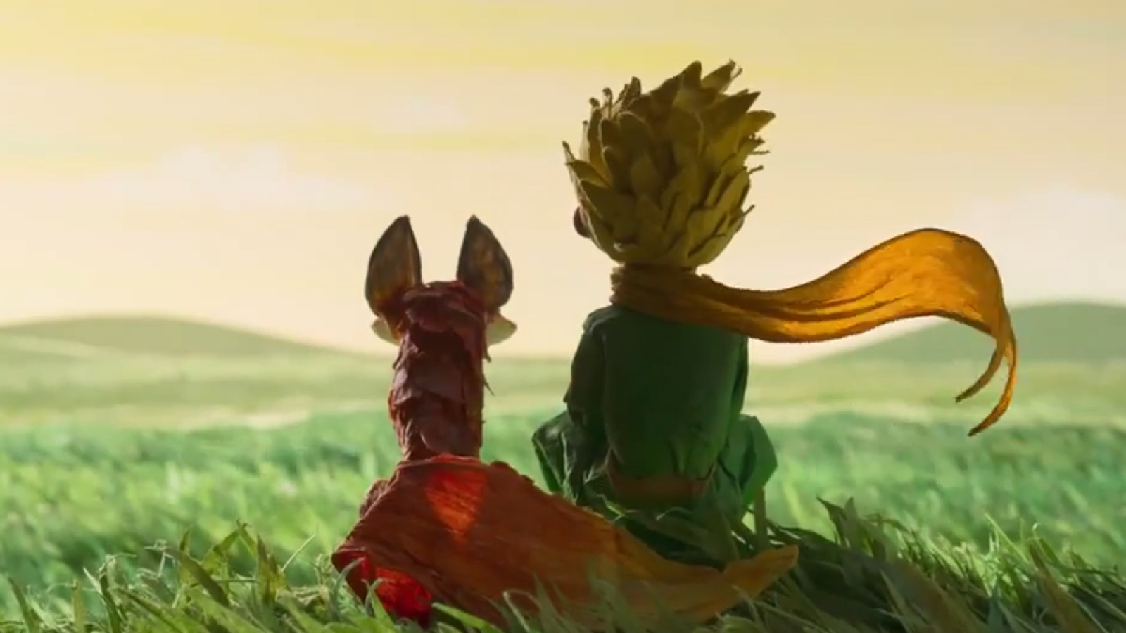 A still from 'The Little Prince', showing two characters sat down next to each other from behind.