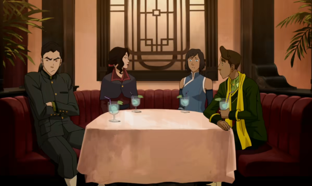 Korra and friends in a restaurant booth