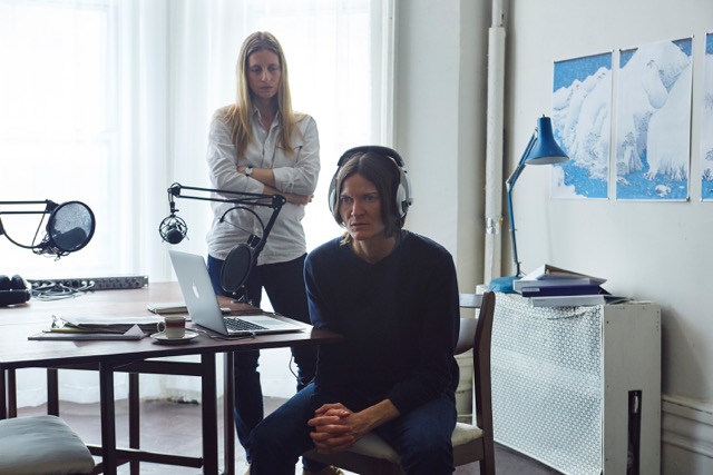 Jean (Ann Carr) stands by as Morgan (Ingrid Jungermann) listens to a taped interview with Josephine "The Clipper" Walker, a serial killer who her clipped her victim's fingernails before she stabbed them in the heart. (Photo credit: Diane Russo)