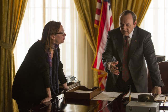 Director Liza Johnson and Kevin Spacey on the set of ELVIS & NIXON, an Amazon Studios / Bleecker Street release.