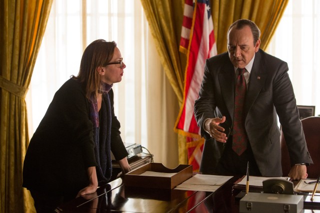 Director Liza Johnson and Kevin Spacey on the set of ELVIS & NIXON, an Amazon Studios / Bleecker Street release.