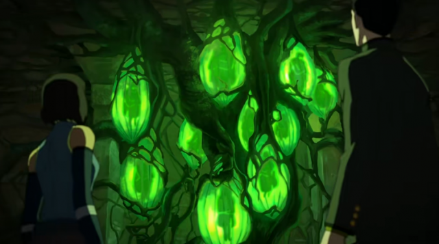 Korra, a dude, and a green thing