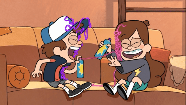 Dipper and Mable spray silly string on each other