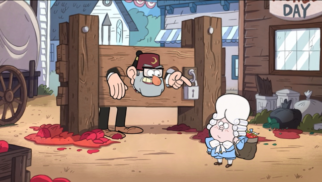 Grunkle Stan in the stocks