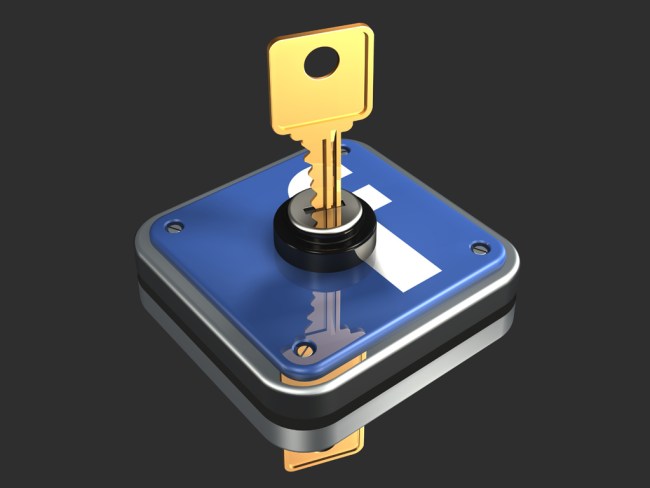 3d illustration of a large brass key inserted into a metallic Facebook logo on a dark gray reflective surface