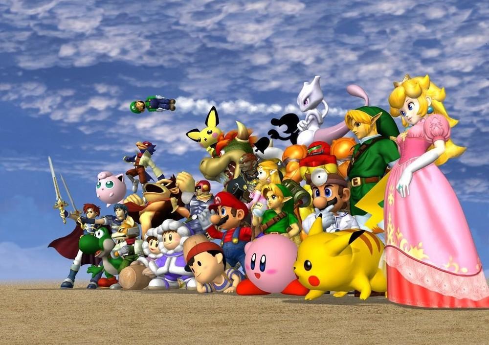 Smash Bros. Melee characters all standing together.