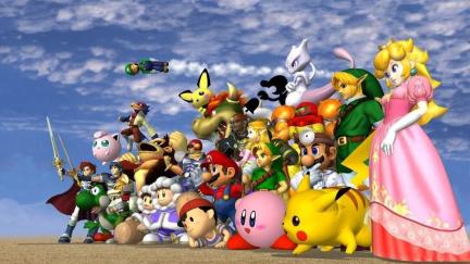 Smash Bros. Melee characters all standing together.