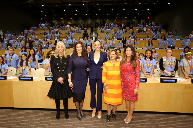 (from L to R) DC Entertainment President Diane Nelson; Lynda Carter, Gal Gadot,, UN Under Secretary-General Cristina Gallach; and Patty Jenkins