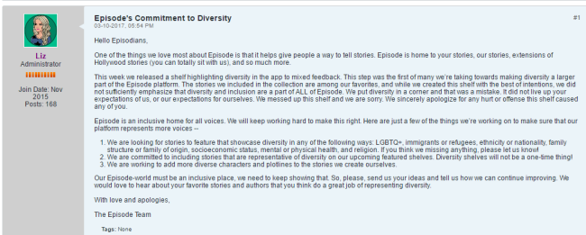 Episode staff member acknowledges erasure and Episode’s lack of diversity.