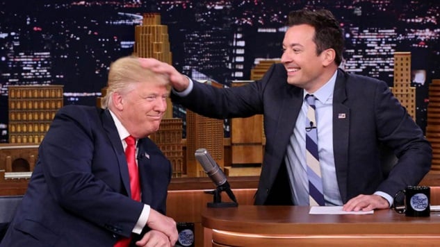 Donald Trump getting hair ruffled by Jimmy Fallon