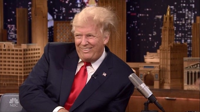 Donald Trump getting hair ruffled by Jimmy Fallon