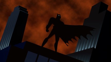 Batman standing atop a building in the opening sequence for Batman: The Animated Series.