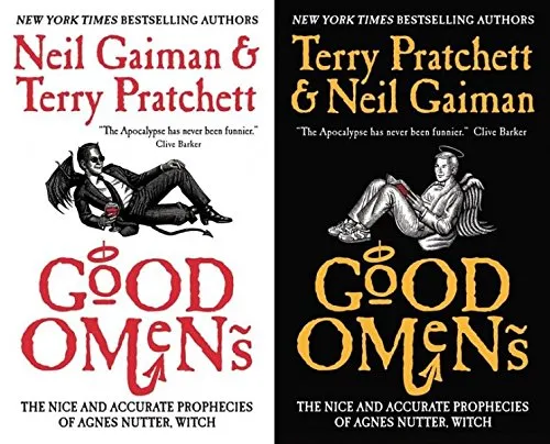 Covers of Good Omens, one with an illustration of Crowley, and the other with Aziraphale. 
