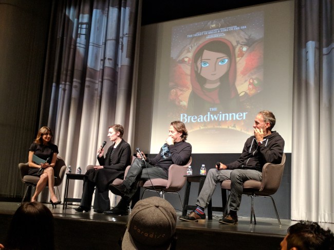 Moderator Carolyn Giardina (The Hollywood Reporter), Director, Nora Twomey, Composers Mychael and Jeff Danna at a screening of "The Breadwinner" at The Museum of Tolerance in Los Angeles. 