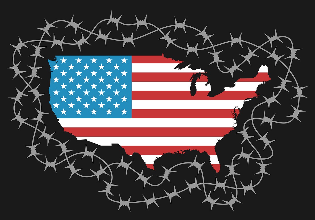 Shutterstock image of the United States surrounded by barbed wire, representing isolationism and border control