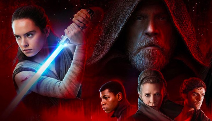 Rey, Luke, Leia, Finn, Poe in Star Wars: The Last Jedi