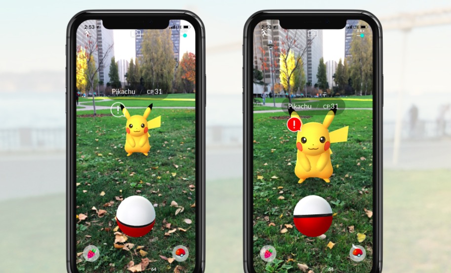 Pokémon GO AR update showing Pikachu far and near