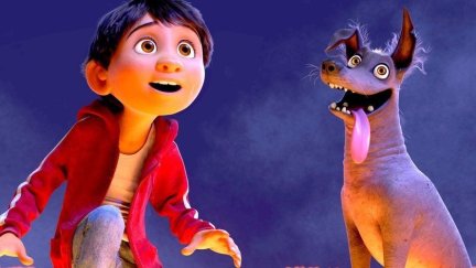Miguel and Dante look up at the sky in 'Coco.'