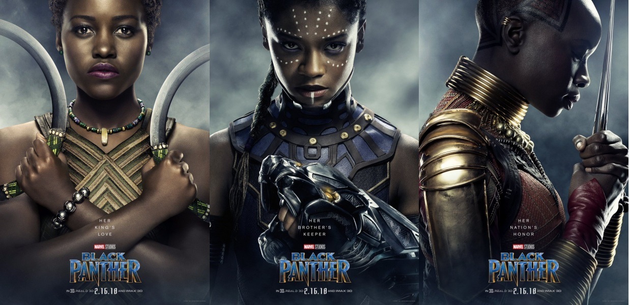 The three "Black Panther" character posters for Nakia, Okoye, and Shuri