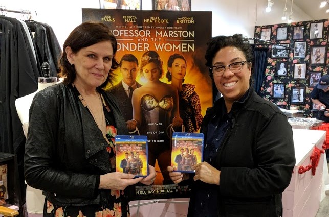 image: Teresa Jusino Donna Maloney and Angela Robinson at the Blu-ray release party for "Professor Marston and the Wonder Women" at What Katie Did in Burbank, CA