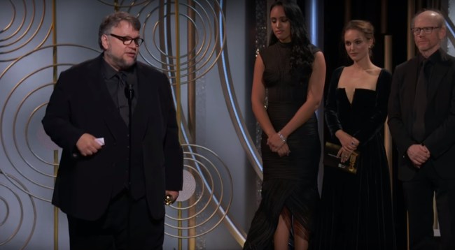image: screencap Guillermo del Toro wins Best Director at the 2018 Golden Globes Natalie Portman Ron Howard